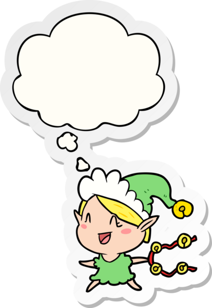 Mutlu noel elf çizgi filmi. Düşünce baloncuğu insan tarafından çizilmiş bir çıkartma.