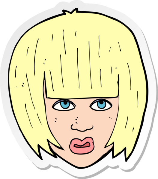 Çizgi film çıkartması. Bir insan tarafından çizilmiş uzun saçlı, rahatsız bir kız.