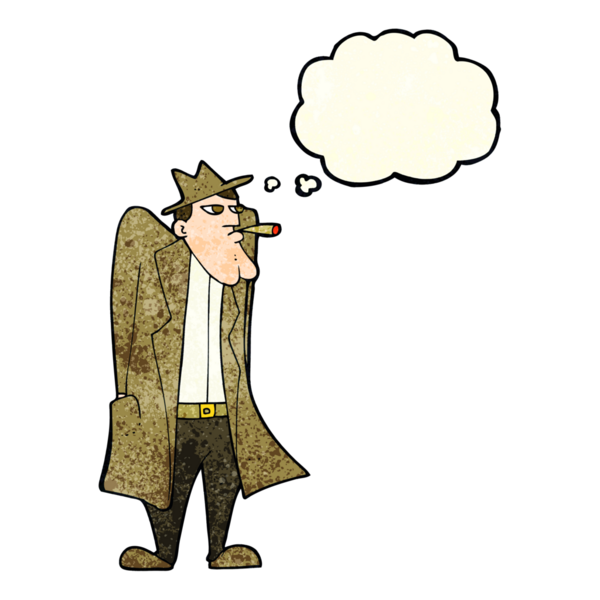 Şapkalı ve trençkotlu çizgi filmci. Düşünce baloncuğu çizen bir insan.