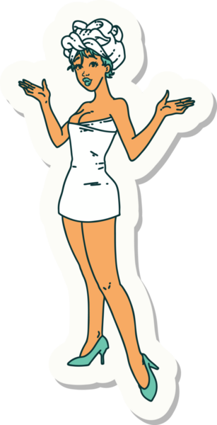 Bir insan tarafından çizilmiş havlulu bir kızın geleneksel stiliyle dövme çıkartması.