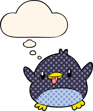 Çizgi roman tarzında bir insan tarafından çizilmiş düşünce baloncuğu olan sevimli penguen.