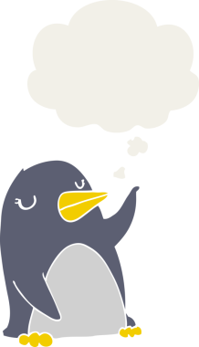 Düşünce baloncuğu olan bir penguen insan tarafından çizilmiş.