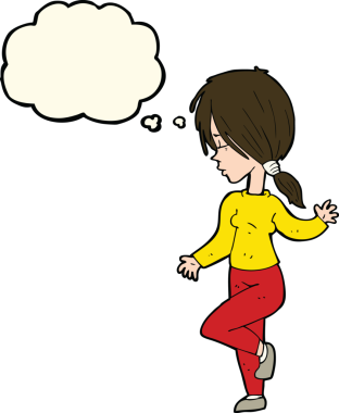 Bir insan tarafından çizilmiş düşünce baloncuğuyla dans eden çizgi film kızı.