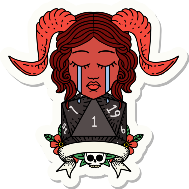 Ağlayan kravat iğneli bir yüz ve bir insan tarafından çizilmiş doğal bir d20.