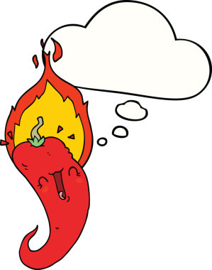 Bir insan tarafından çizilmiş düşünce baloncuklu kızgın kırmızı biber çizgi filmi.