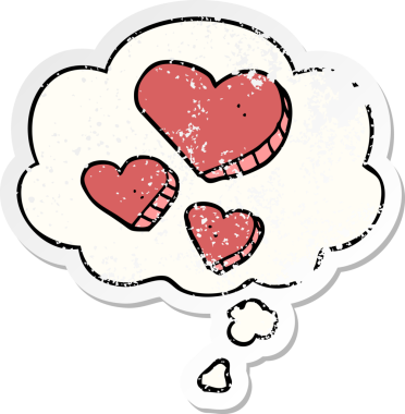 Düşünce baloncuklu karikatür aşk kalpleri insan tarafından çizilmiş yıpranmış bir çıkartma gibidir.