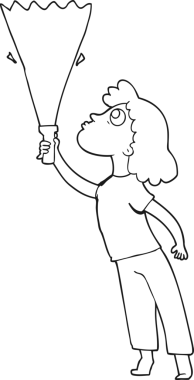 El yazısıyla çizilmiş siyah beyaz çizgi film kadını bir insan tarafından çizilmiş meşaleyle arıyor