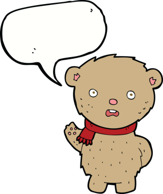 Bir insan tarafından çizilmiş konuşma balonlu eşarp giyen oyuncak ayı.