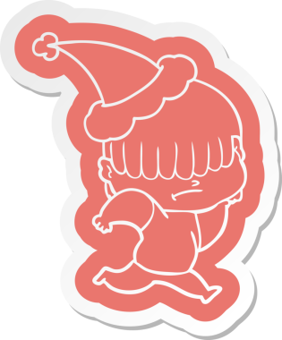 Düzensiz saçlı, Noel Baba şapkası takan bir çocuğun insan tarafından çizilmiş garip bir karikatür çıkartması.