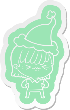 Bir insan tarafından çizilmiş Noel Baba şapkası giyen bir kızın garip bir çizgi film çıkartması.