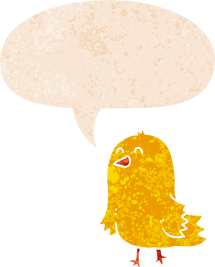 grunge 'da konuşma baloncuğu olan karikatür kuşu bir insan tarafından çizilmiş dertli retro tarzı