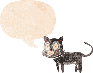 Mutlu çizgi film kedisi grunge 'da konuşma baloncuğu ile sıkıntılı retro dokuma tarzı bir insan tarafından çizilmiş