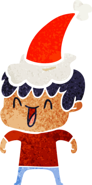 Bir insan tarafından çizilmiş Noel Baba şapkası giymiş gülen bir çocuğun el çizimi karikatürü.