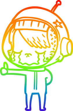 Gökkuşağı gradyan çizgi çizimi ağlayan astronot kız bir insan tarafından başparmak işareti çiziliyor.