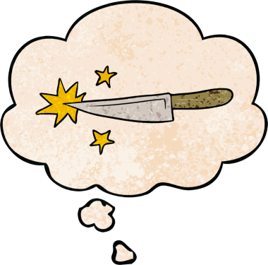 Bir insan tarafından çizilmiş grunge desenli düşünce baloncuklu keskin mutfak bıçağı.