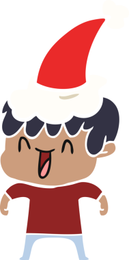 Bir insan tarafından çizilmiş Noel Baba şapkası giymiş, gülen bir çocuğun düz renkli çizimi.