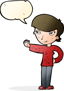 Bir insan tarafından çizilmiş bir konuşma balonuyla el sallayan çizgi film kadını.