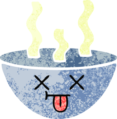 Bir insan tarafından çizilmiş sıcak bir çorba kasesinin retro çizim tarzı karikatürü.