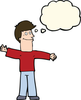 Bir insan tarafından çizilmiş düşünce balonlu mutlu adam çizgi filmi.