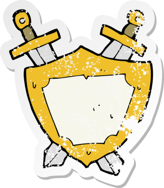 Çizgi film kalkanının gerilimli yapıştırması ve bir insan tarafından çekilen kılıçlar