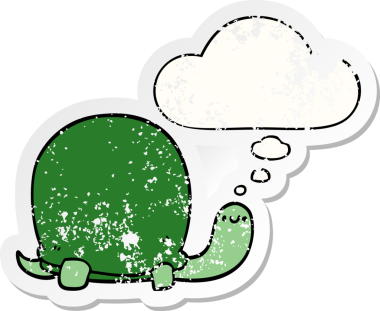 Düşünce baloncuğu olan sevimli karikatür kaplumbağası bir insan tarafından çizilmiş yıpranmış bir çıkartma.