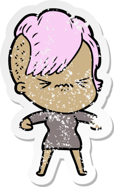 Bir insan tarafından çizilmiş sinirli bir hippi kızın sıkıntılı çıkartması.