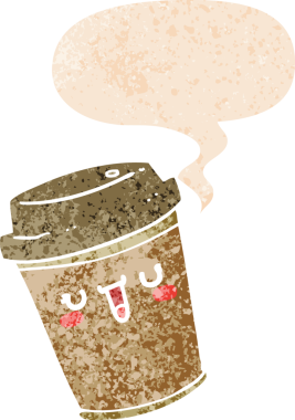 Çizgi film, bir insan tarafından çizilmiş grunge ile konuşma baloncuğu ile kahveyi dışarı çıkarır.