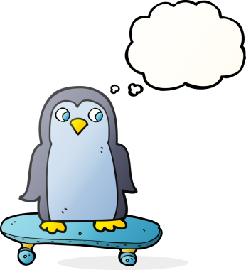 Bir insan tarafından çizilmiş serbest çizim baloncuk penguen kaykay sürüyor.