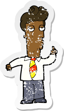 Çizgi filmin sıkıntılı retro çıkartması. Sıkılmış bir adam bir insan tarafından çizilmiş sorular soruyor.