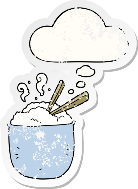 Düşünce baloncuklu pirinç kasesi insan tarafından çizilmiş yıpranmış bir çıkartma gibi.