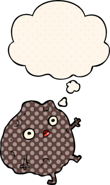 Çizgi roman tarzında bir insan tarafından çizilmiş düşünce baloncuğuyla yere düşen bir kaya parçası.