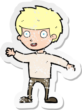 Bir insan tarafından çizilen mutlu çocuk çizgi filminin kederli retro yapıştırması.