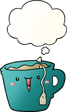 Bir insan tarafından çizilmiş yumuşak eğimli düşünce baloncuklu şirin çizgi film kahve fincanı.