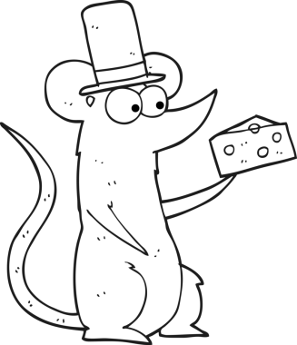 Bir insan tarafından çizilmiş peynirli siyah beyaz çizgi film faresi.