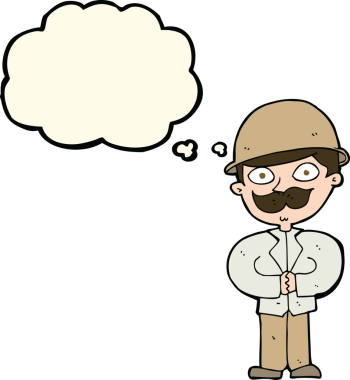 Bir insan tarafından çizilmiş düşünce baloncuklu safari şapkalı çizgi film adamı.