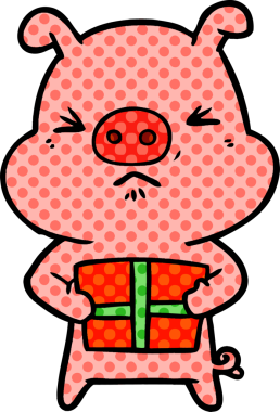 Bir insan tarafından çizilmiş Noel hediyeli kızgın domuz çizgi filmi.