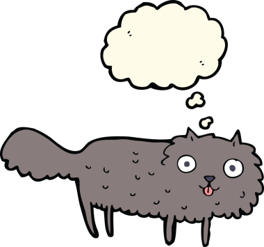 Bir insan tarafından çizilmiş düşünce baloncuklu tüylü kedi çizgi filmi.