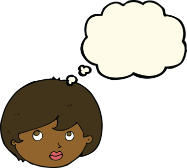 Bir insan tarafından çizilmiş düşünce baloncuğuyla yukarı bakan kadın yüzü.