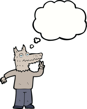 Bir insan tarafından çizilmiş düşünce balonlu mutlu kurt adam çizgi filmi.