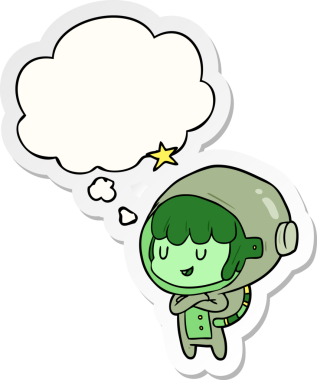 Düşünce baloncuğu insan tarafından çizilmiş bir çıkartma olan uzay kızı.