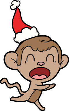 Bir insan tarafından çizilmiş Noel Baba şapkası takan bir maymunun el çizimi.