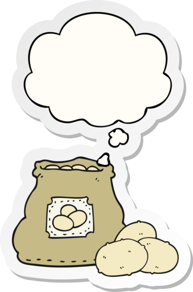 Düşünce baloncuklu patates çuvalı insan tarafından çizilmiş bir çıkartma.