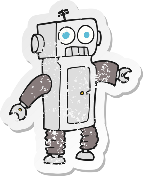 Bir insan tarafından çizilmiş karikatür robotunun gerilmiş yapıştırması.