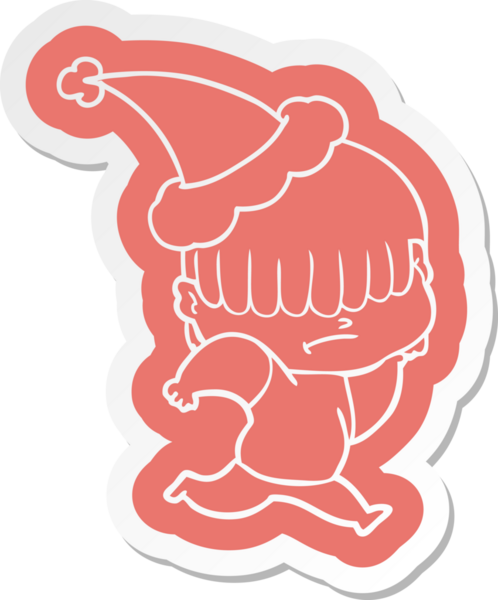 Düzensiz saçlı, Noel Baba şapkası takan bir çocuğun insan tarafından çizilmiş garip bir karikatür çıkartması.