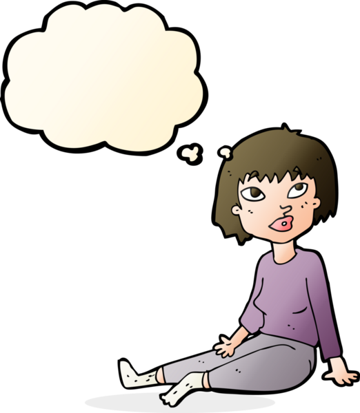 Bir insan tarafından çizilmiş düşünce baloncuğuyla yerde oturan bir karikatür kadın.