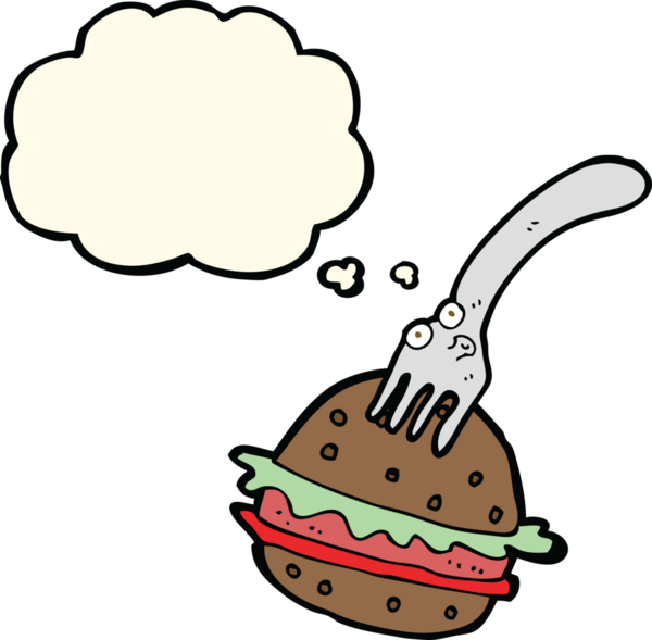 Bir insan tarafından çizilmiş düşünce baloncuklu çatal ve hamburger.