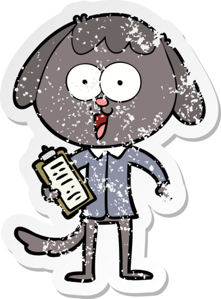 Bir insan tarafından çizilmiş ofis gömleği giyen sevimli bir köpeğin sıkıntılı çıkartması.