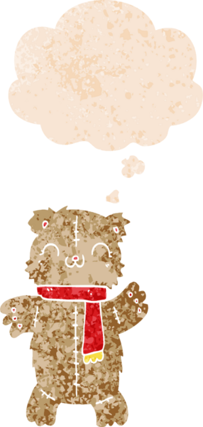 Düşünce baloncuklu çizgi film ayıcığı grunge sıkıntılı retro desenli bir insan tarafından çizilmiş