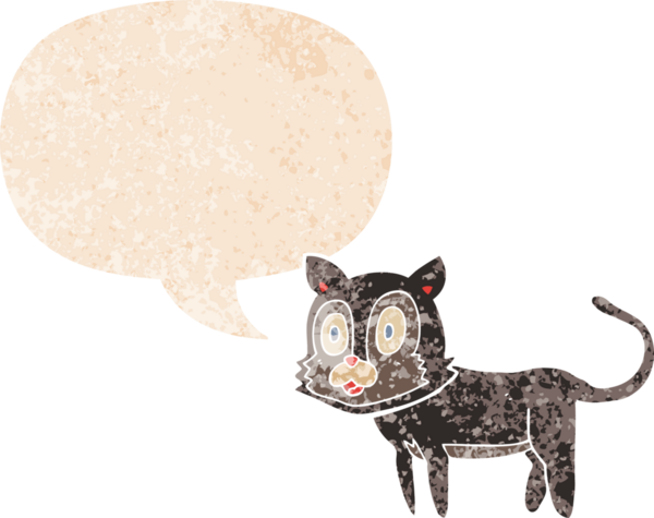 Mutlu çizgi film kedisi grunge 'da konuşma baloncuğu ile sıkıntılı retro dokuma tarzı bir insan tarafından çizilmiş