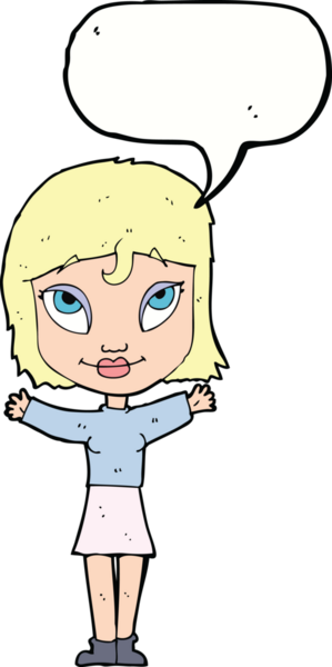 Bir insan tarafından çizilmiş konuşma balonlu açık kollu çizgi film kadını.